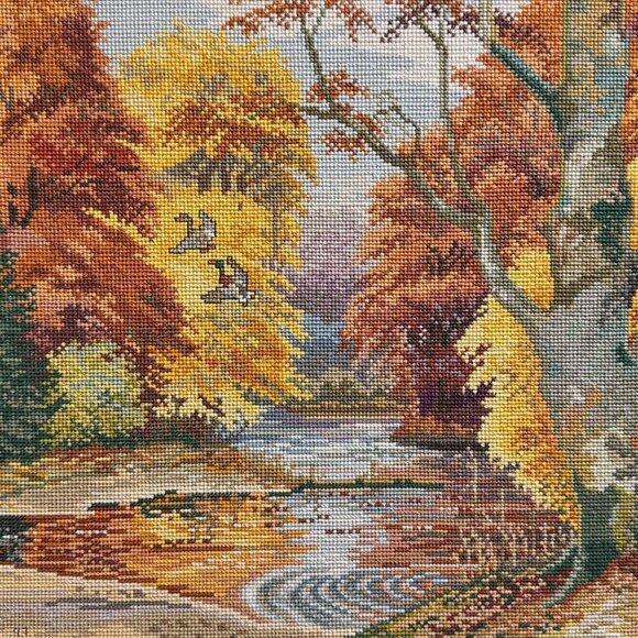 1997 Vintage Embroidered Picture Forest Lake Art With Wooden Frame 30" L x 25" H - Picture 15 of 16